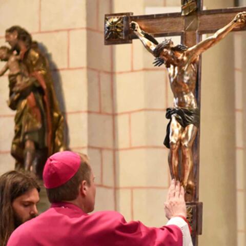 Weihbischof Florian Wörner bei der Kreuzverehrung. (Archivfoto: Maria Steber / pba)