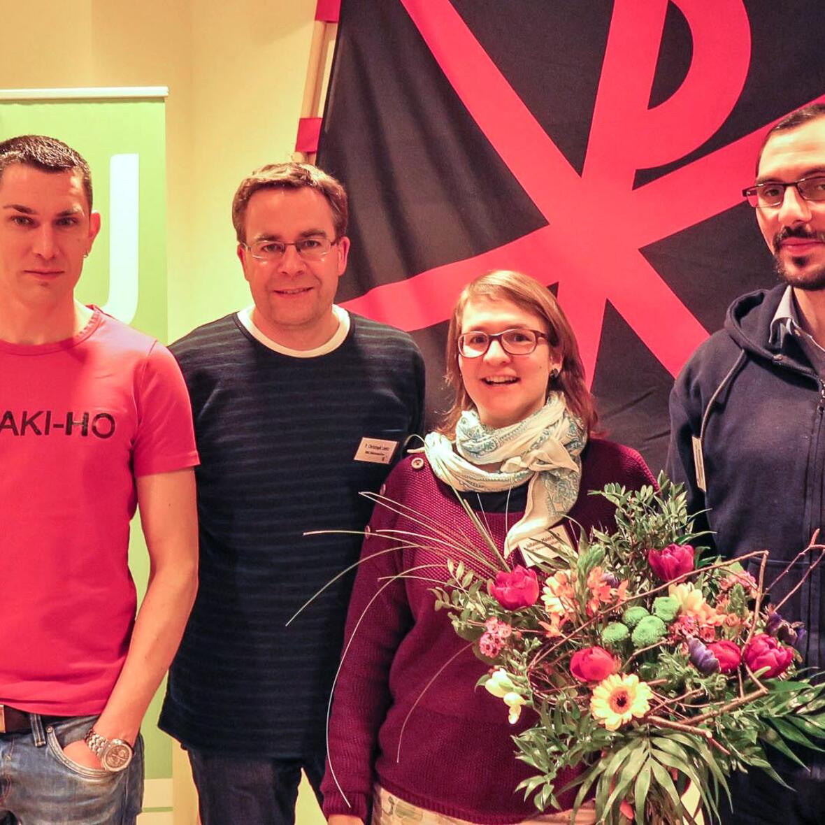 Norbert Harner, BDKJ-Diözesanvorsitzender, der bisherige BDKJ-Diözesanpräses Pater Christoph Lentz, Diözesanvorsitzende Johanna Maierbeck und Pfarrer Dominik Zitzler, der neu gewählte Diözesanpräses (v.links) Foto: BDKJ