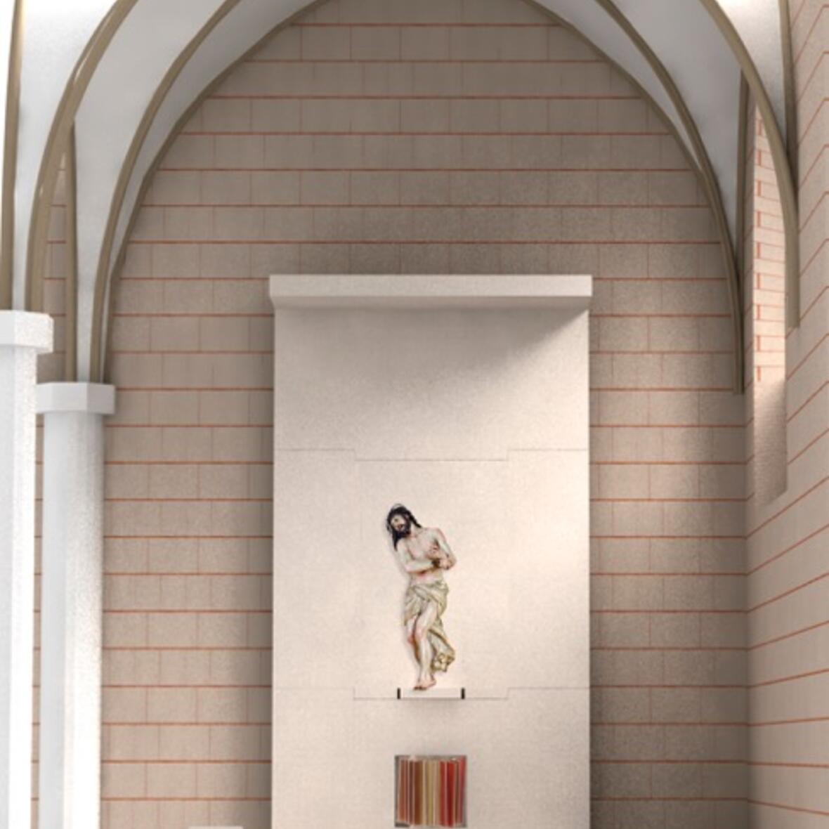 Die Grafik zeigt den geplanten Altarbereich. Als Material für Altar, Retabel, Ambo und den neuen Bodenbereich ist Kalkstein aus dem Altmühltal vorgesehen. Der Tabernakel wird von der bildenden Künstlerin Sabine Straub gestaltet. (Fotos/Montage: Wilhelm Huber, Sabine Straub, Iris Hahn/pba).