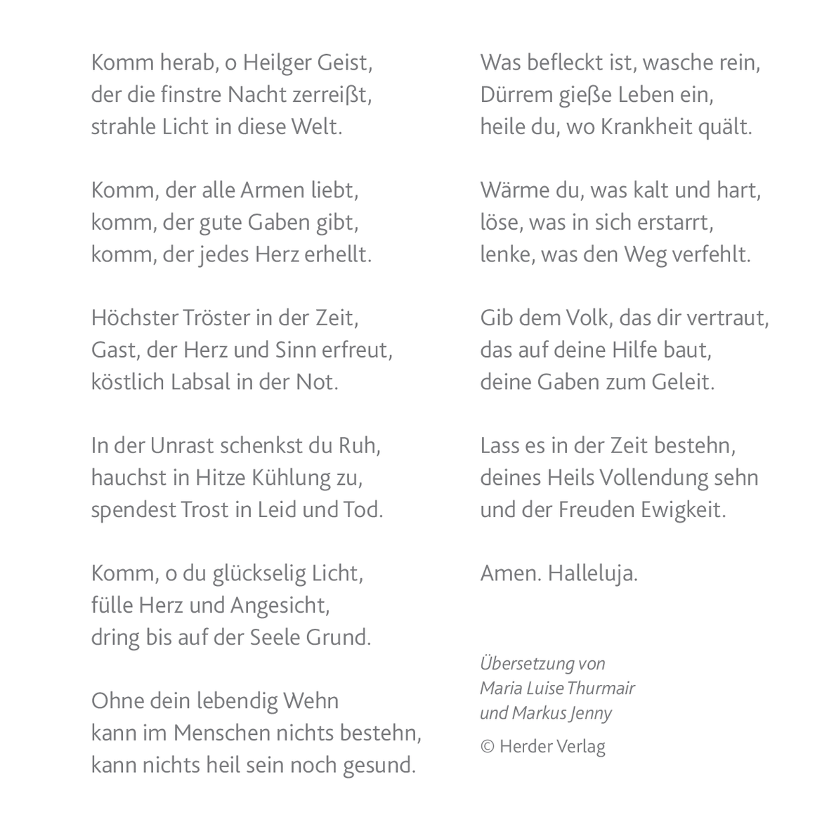 Die Gebetskarte enthält die Pfingstsequenz, die täglich im Anliegen der Weltsynode gebetet wird. 