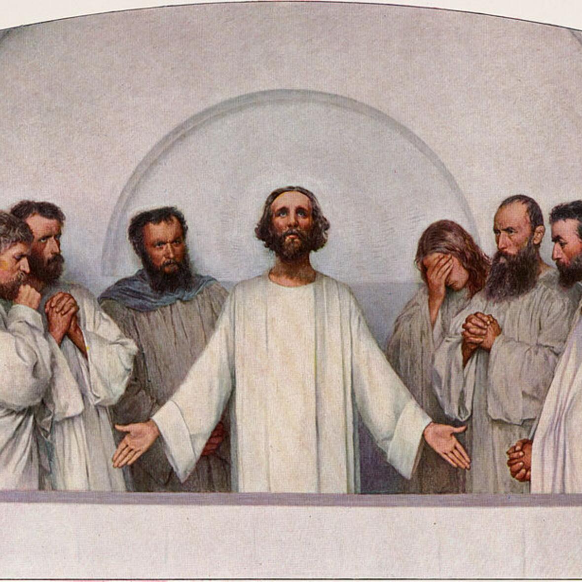 Abbild von Jesus mit seinen Aposteln in weißen Gewändern.