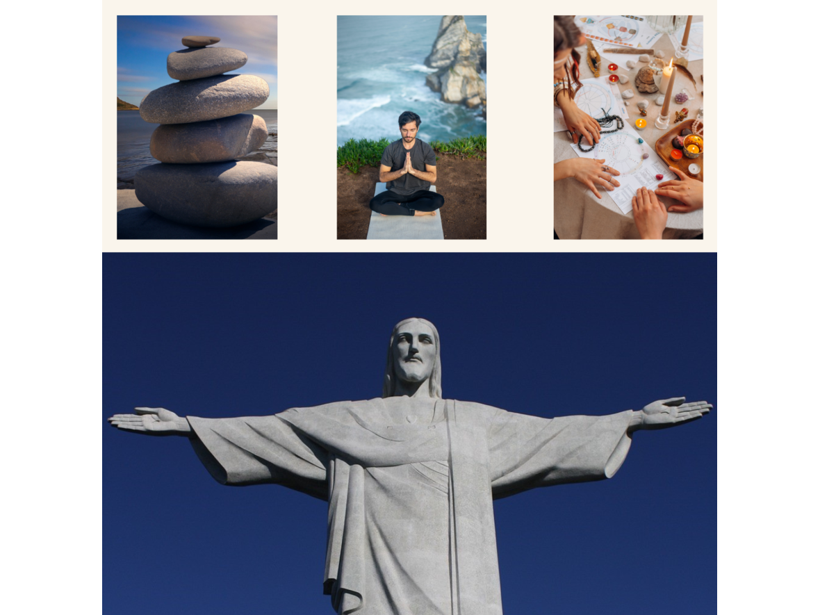 Das Bild zeigt auf der rechten Seite verschiedene Bildausschnitte mit religiösen Inhalten. Ein Mann der meditiert, gestapelte Steine, Hände, die ein Rad basteln und eine große Christusfigur. 