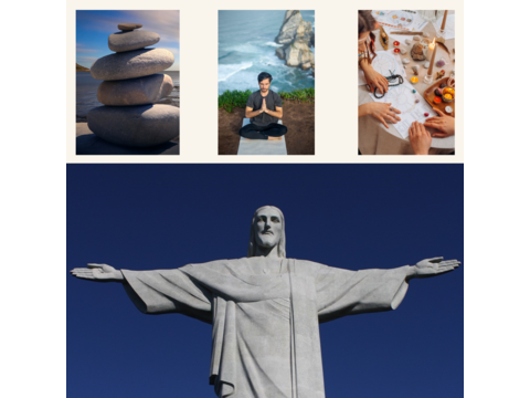 Das Bild zeigt auf der rechten Seite verschiedene Bildausschnitte mit religiösen Inhalten. Ein Mann der meditiert, gestapelte Steine, Hände, die ein Rad basteln und eine große Christusfigur. 