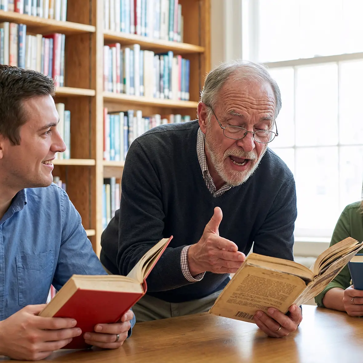 Ein männlicher und zwei weibliche Studenten sind mit einem älteren Professor in der Bibliothek in ein Gespräch über ein Buch vertieft. 