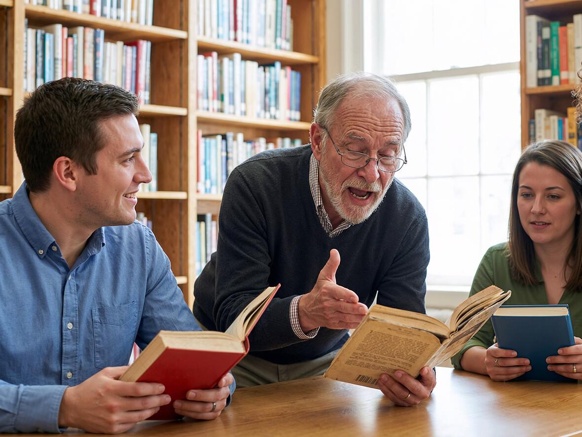 Ein männlicher und zwei weibliche Studenten sind mit einem älteren Professor in der Bibliothek in ein Gespräch über ein Buch vertieft. 