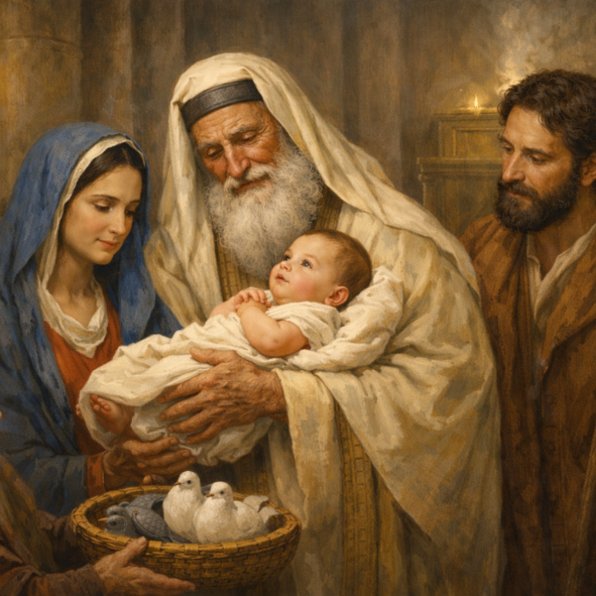 Maria und Josef blicken auf das Jesuskind das der Greise Simeon in den Armen hält. 