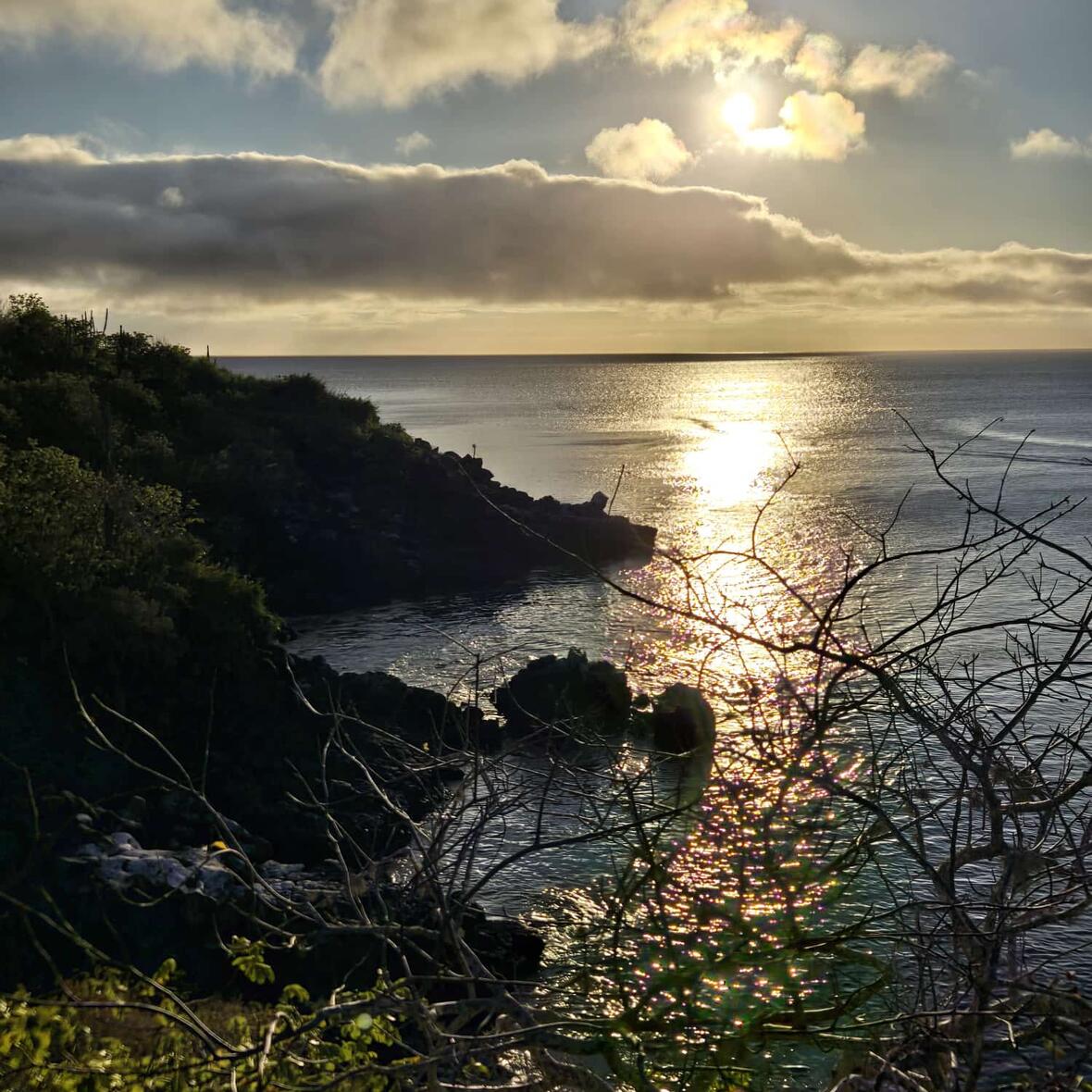 Ausblick auf das Meer mit der untergehenden Sonne auf den Galapagosinseln 