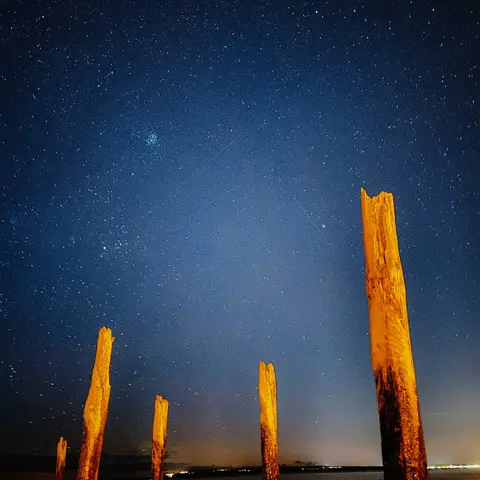 Im Vordergrund sind angestrahlte Holzpfähle zu sehen. Im Hintergrund ein dunkler Sternenhimmel