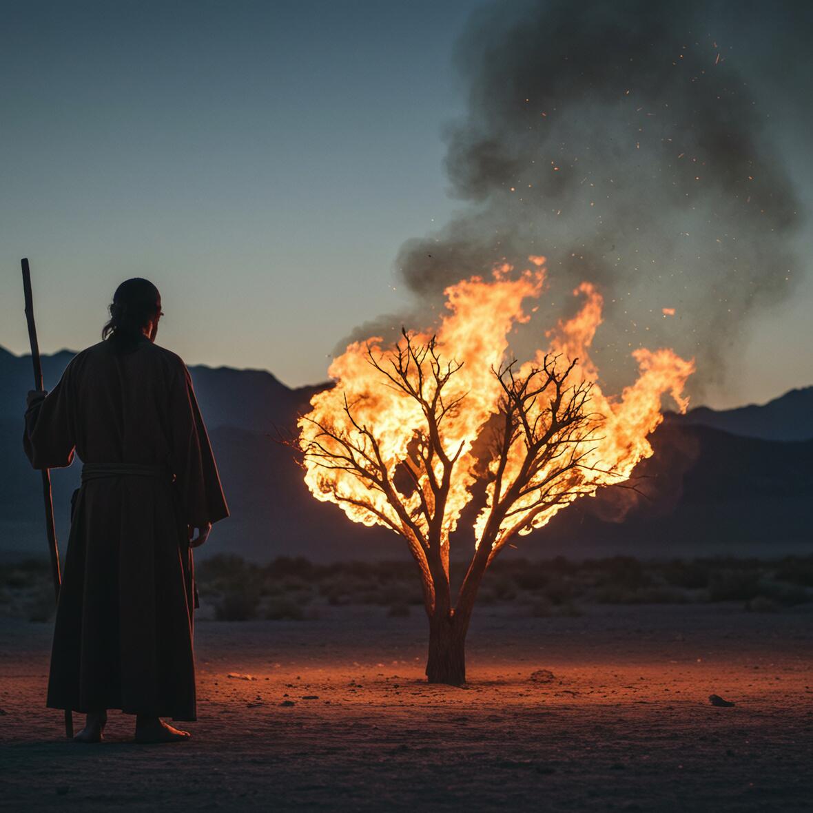 Ein Mann mit Wanderstock steht in einer Wüstenlandschaft vor brennendem Dornbusch.