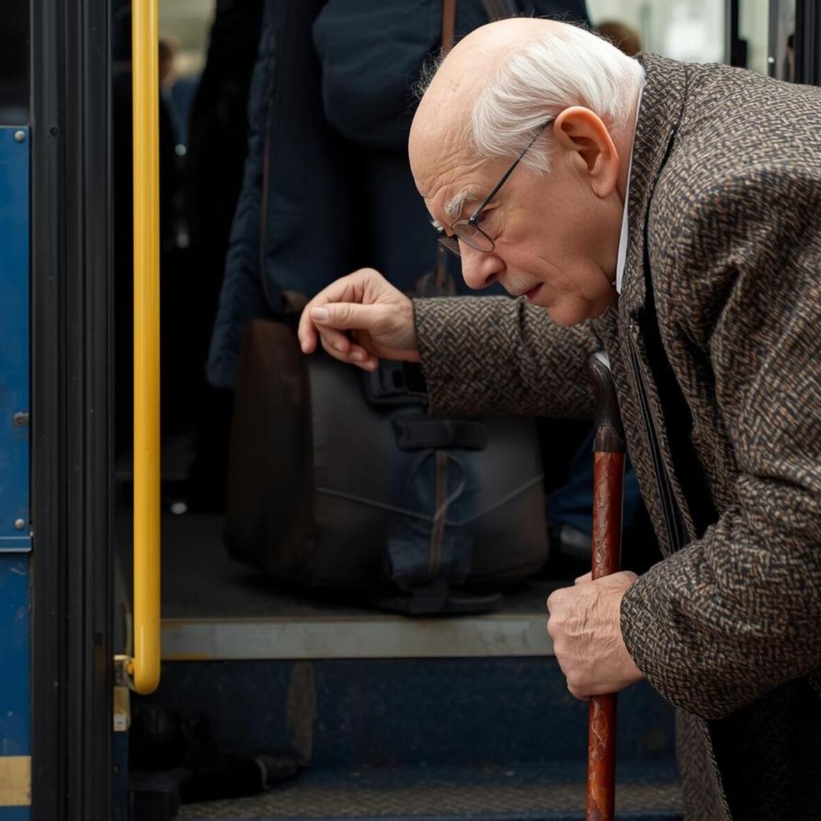 Ein alter Mann (Seitenprofil), der am Stock geht, steigt an einer hinteren Tür in einen Bus ein. 
