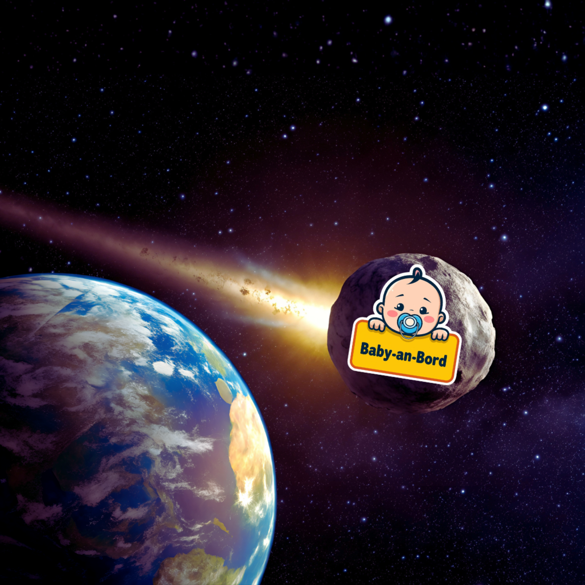 Ein Asteroid mit einem Aufkleber rast auf den Erdball zu, er bringt Licht. Der Aufkleber im Comic-Stil trägt die Aufschrift „Baby-an-Bord“ und zeigt über dem Schriftzug einen Babykopf mit hellblauem Schnuller. 