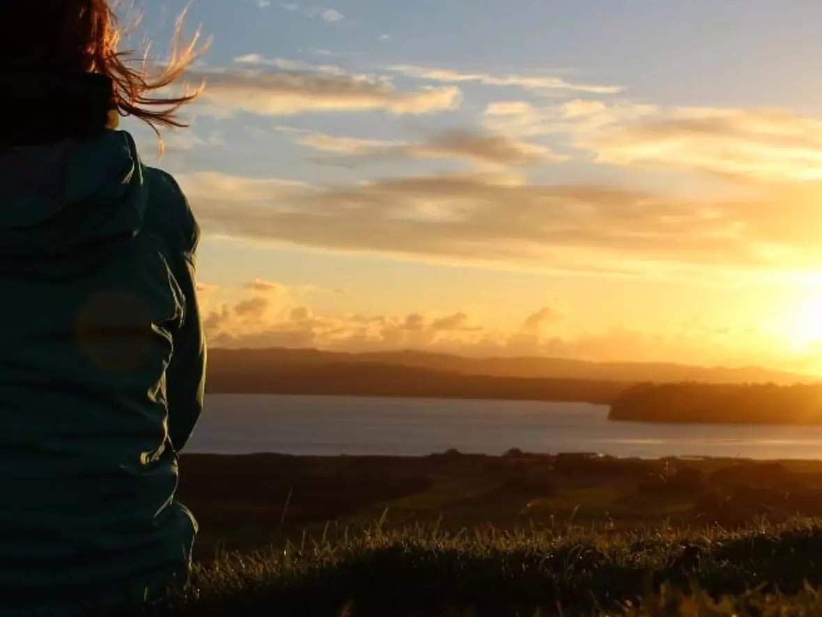Frau von hinten sitzt auf einer Wiese bei einem Sonnenuntergang