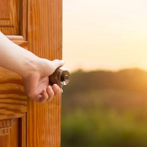 Tür zu einer grünen Wiese mit der Sonne im Hintergrund