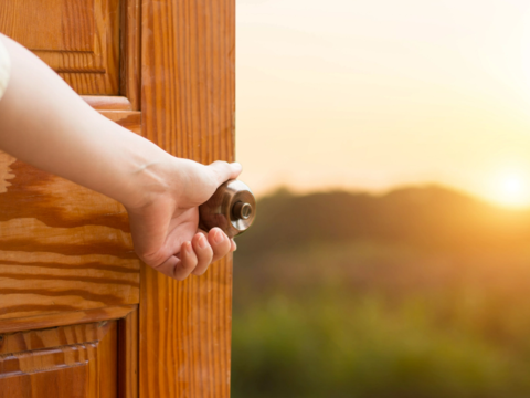 Tür zu einer grünen Wiese mit der Sonne im Hintergrund