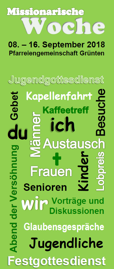 Grüner Flyer mit vielen Worten, die horizontal und vertikal verteilt sind. 