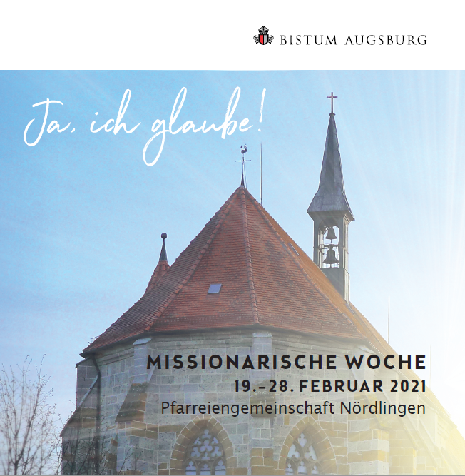 Quadratischer Flyer mit einer großen Kirche im Fokus.