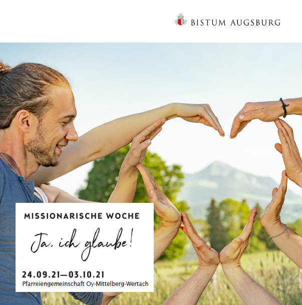 Flyer mit Mann auf der linken Seite, während auf der rechten Seite viele verschiedene Hände ein herz formen. 
