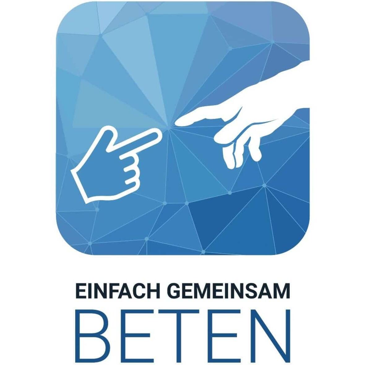 Icon einer Hand und eine menschliche Hand berühren sich an den Fingerspitzen. Im Hintergrund ist ein Netz zu erahnen. Darunter in Großbuchstaben der Schriftzug: Einfach gemeinsam beten. 