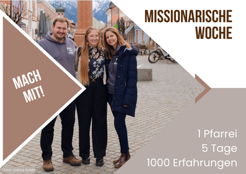 Junge Erwachsene stehen auf der Marktplatz in Murnau. Sie machen als Missionare bei der Missionarischen Woche mit. Dazu wird eingeladen.