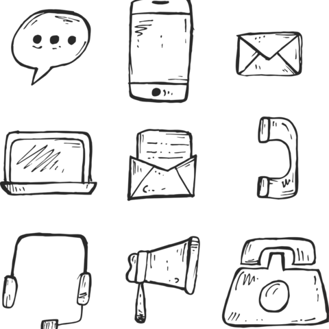 Neun Icons zur Kontaktaufnahme: Mail, Telefon, Handy, Textnachricht, Post