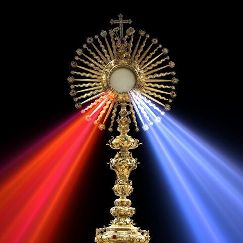 Von einer Monstranz mit Allerheiligstem geht auf schwarzem Hintergrund in die linke untere Bildhälfte ein roter Strahl und in die rechte Bildhälfte ein blauer Lichtstrahl. 