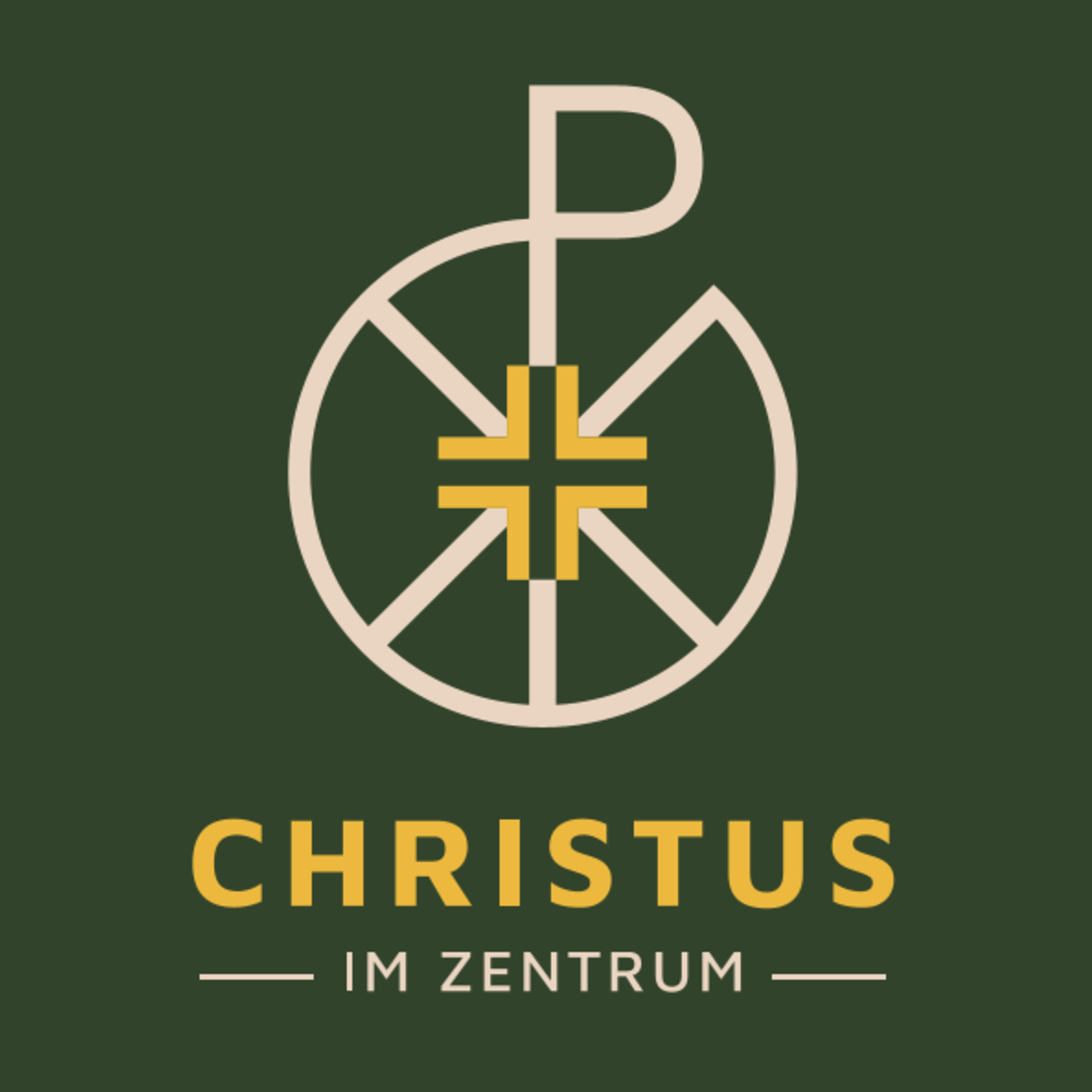 Auf grünem Hintergrund ist ein weißes Piktogramm mit den griechischen Anfangsbuchstaben für Christus dargestellt. Darunter steht: Christus im Zentrum. 