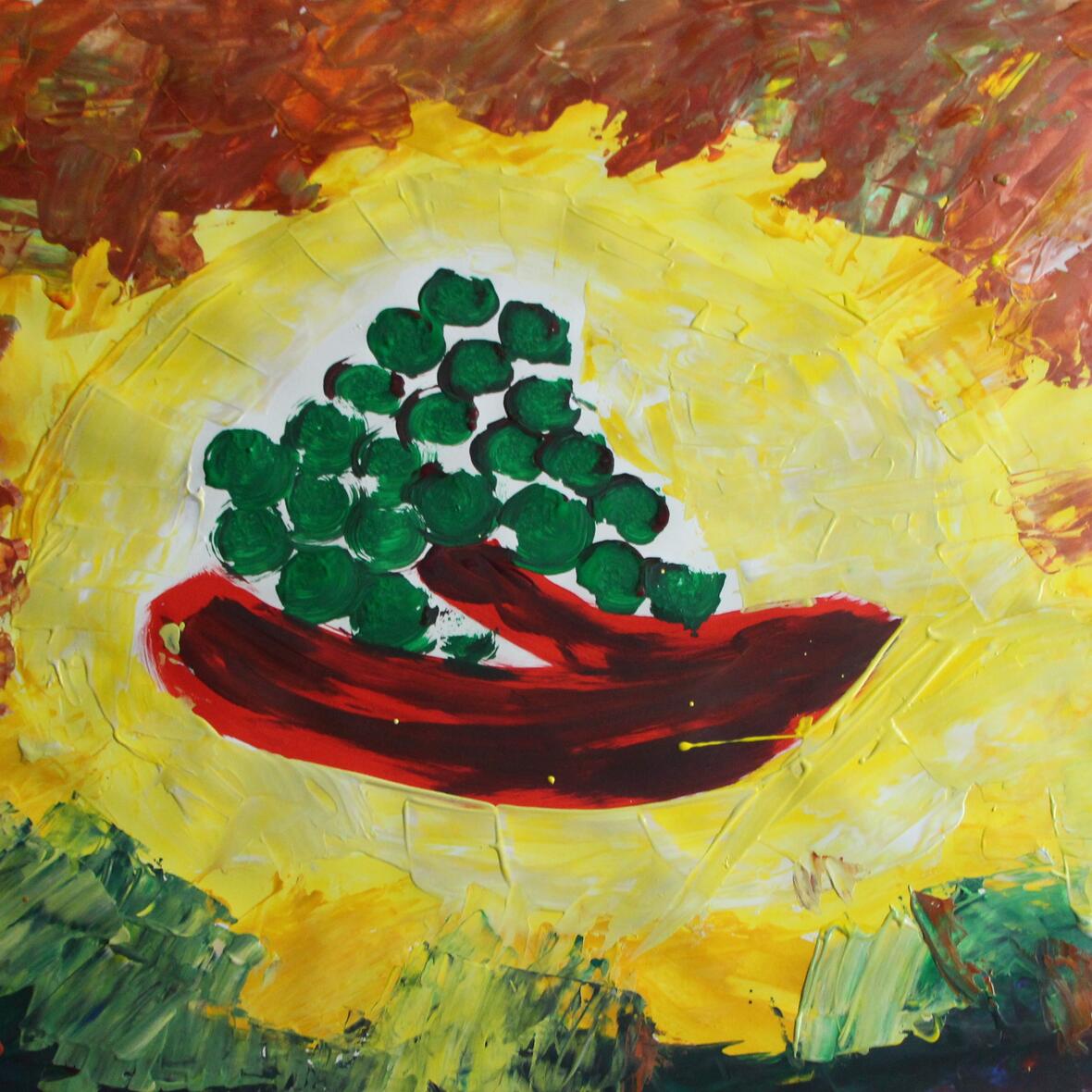 Ein Acrylbild, dass einen Teller mit Trauben vor einem gelben Hintergrund zeigt