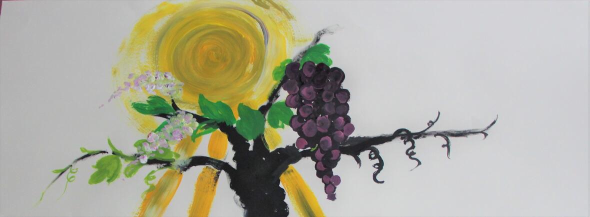 Das Bild zeigt einen schwarzen Weinstock mit grünen Blättern und der Sonne im Hintergrund 