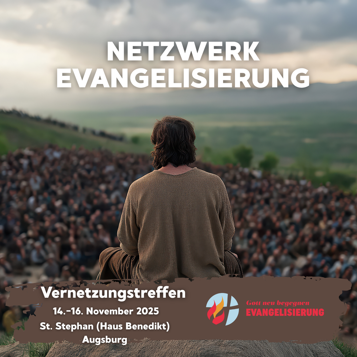 Im Hintergrund: Ein Mann sitzt vor einer Gruppe Menschen. Im Vordergrund: Vernetzungstreffen St. Stephan (Haus Benedikt)  Augsburg 14.-16. November 2025