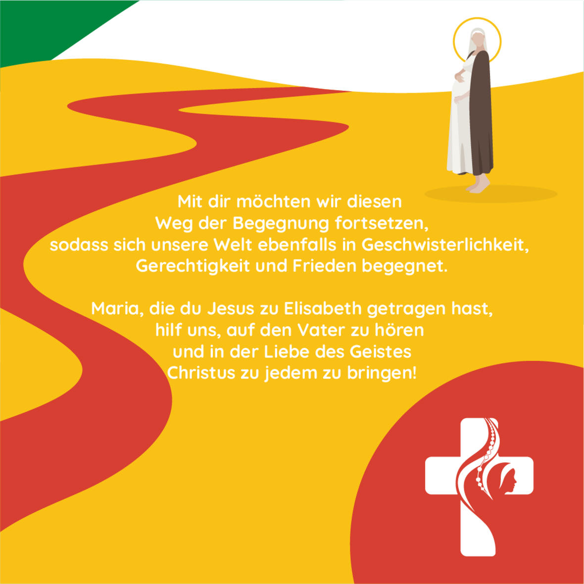 Bunter Flyer mit weißer Schrift und weißem Kreuz in der rechten unteren Ecke.